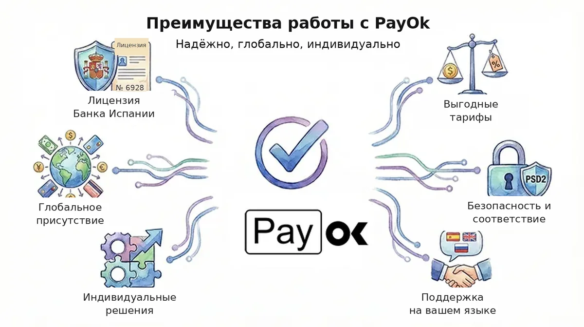 Преимущества работы с PayOk: лицензия Банка Испании, выгодные тарифы, поддержка на русском Преимущества работы с PayOk: лицензия Банка Испании, выгодные тарифы, поддержка на русском