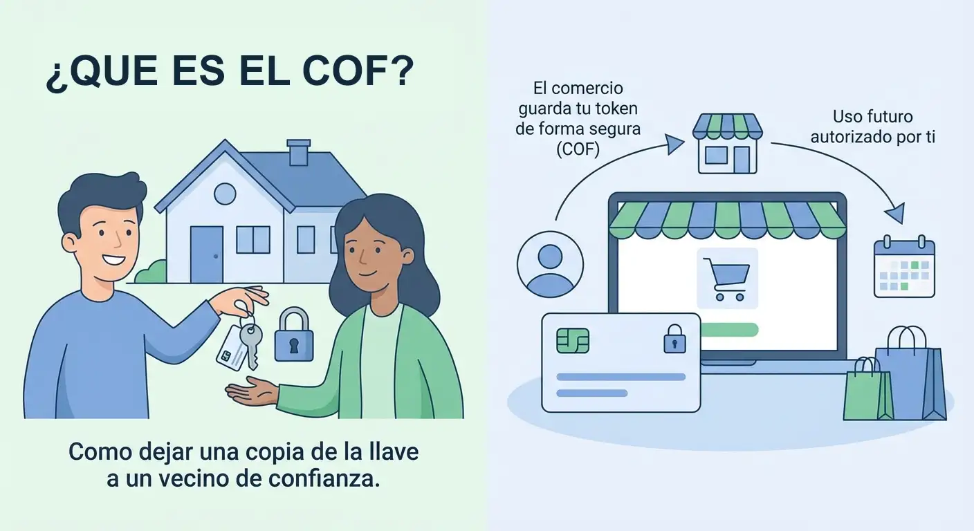 What COF Card on File is and how card storage works for automatic payments Illustration of COF Card on File with secure card storage and recurring payments