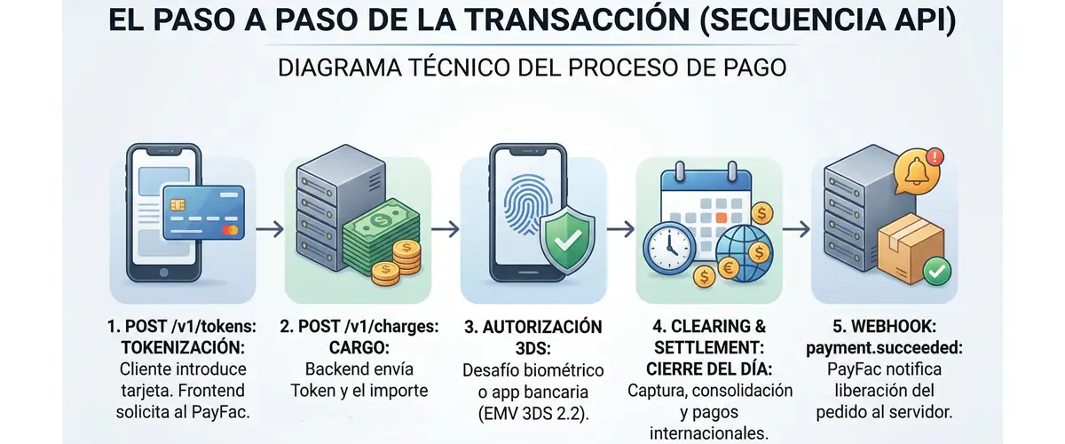 Secuencia API paso a paso de la transacción por tarjeta