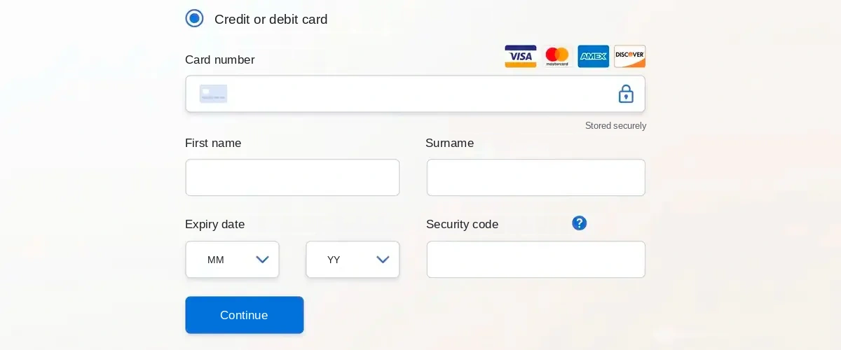 MOTO payment form with manual card data entry