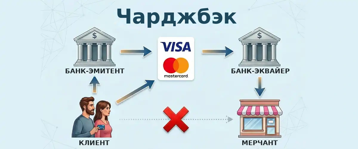 Процесс чарджбека между клиентом, банком-эмитентом и мерчантом