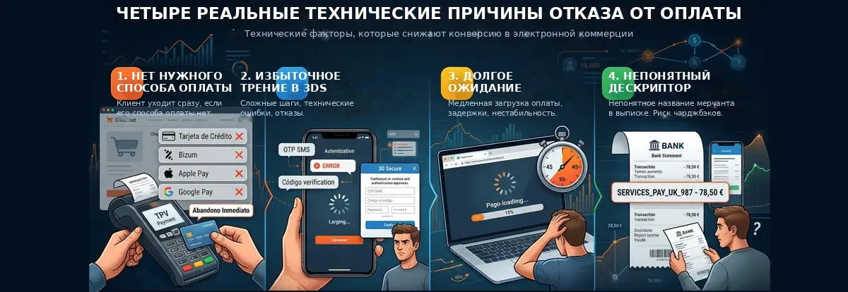 Четыре технические причины отказа от оплаты: нет нужного способа оплаты, лишние шаги 3DS, долгое ожидание и непонятный дескриптор в выписке Четыре технические причины отказа от оплаты: нет нужного способа оплаты, лишние шаги 3DS, долгое ожидание и непонятный дескриптор в выписке
