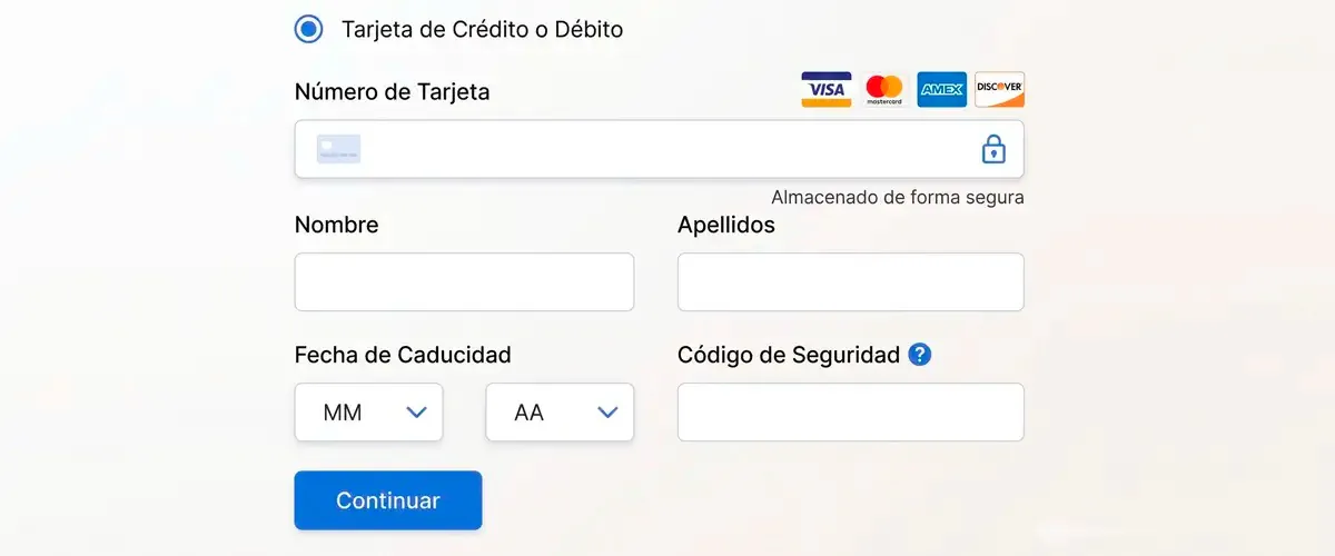 Formulario de pago MOTO con introducción manual de datos de tarjeta