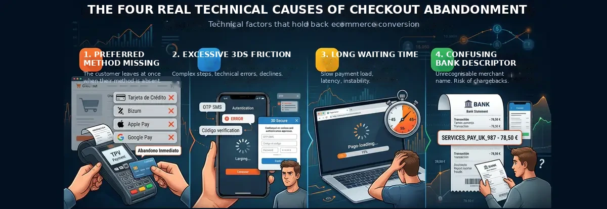 The four technical causes of checkout abandonment: missing payment method, excessive 3DS friction, long waiting time and a confusing bank descriptor