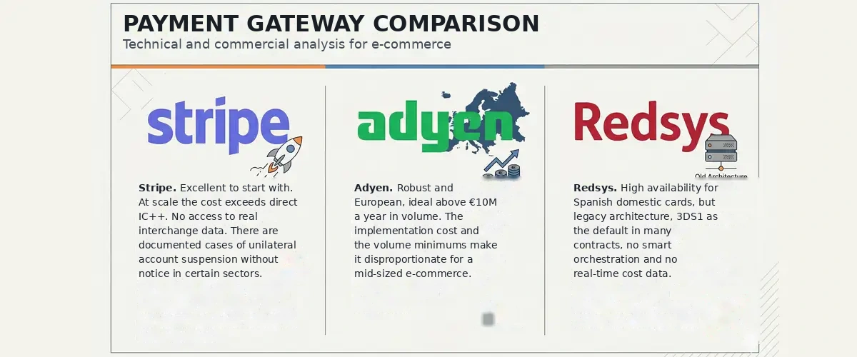 Payment gateway comparison for e-commerce: Stripe, Adyen and Redsys, with the strengths and limitations of each