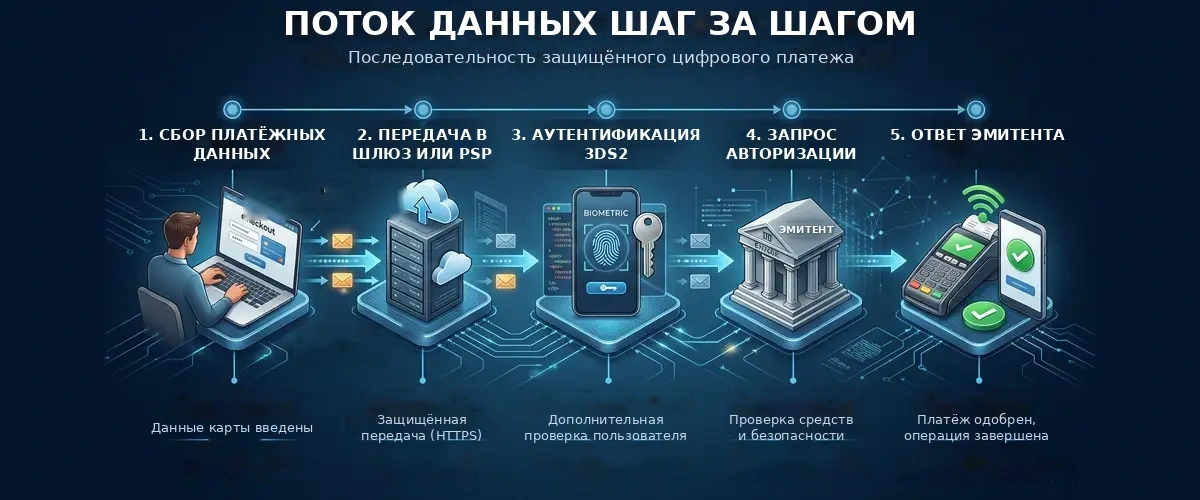 Поток данных карточного платежа в пять шагов: ввод данных, передача в шлюз или PSP, аутентификация 3DS2, запрос авторизации и ответ эмитента Поток данных карточного платежа в пять шагов: ввод данных, передача в шлюз или PSP, аутентификация 3DS2, запрос авторизации и ответ эмитента