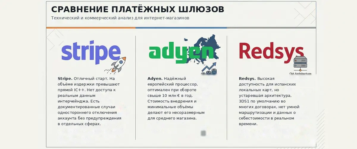 Сравнение платёжных шлюзов для интернет-магазина: Stripe, Adyen и Redsys, сильные стороны и ограничения каждого Сравнение платёжных шлюзов для интернет-магазина: Stripe, Adyen и Redsys, сильные стороны и ограничения каждого