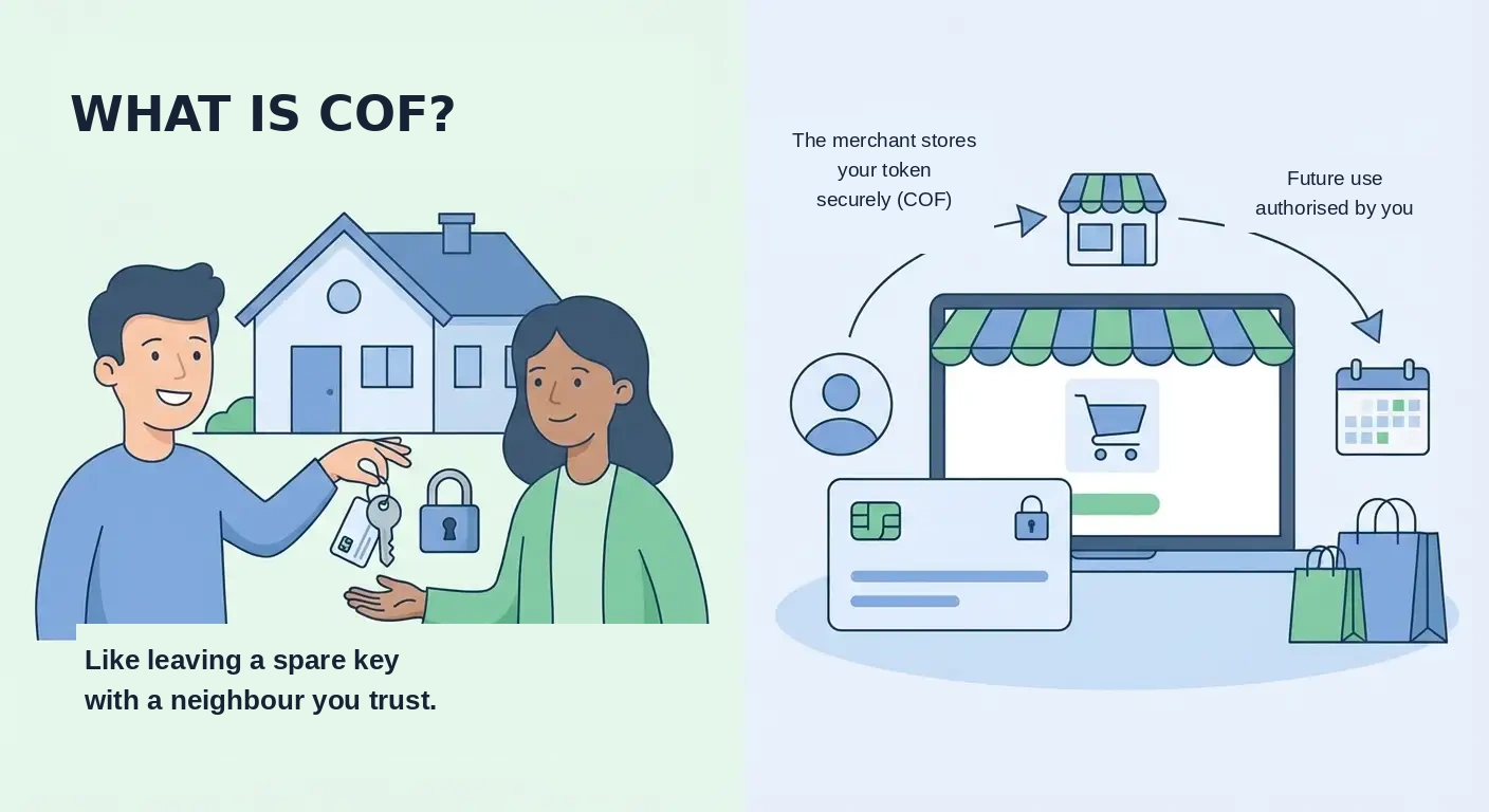 Illustration of COF Card on File with secure card storage and recurring payments Illustration of COF Card on File with secure card storage and recurring payments